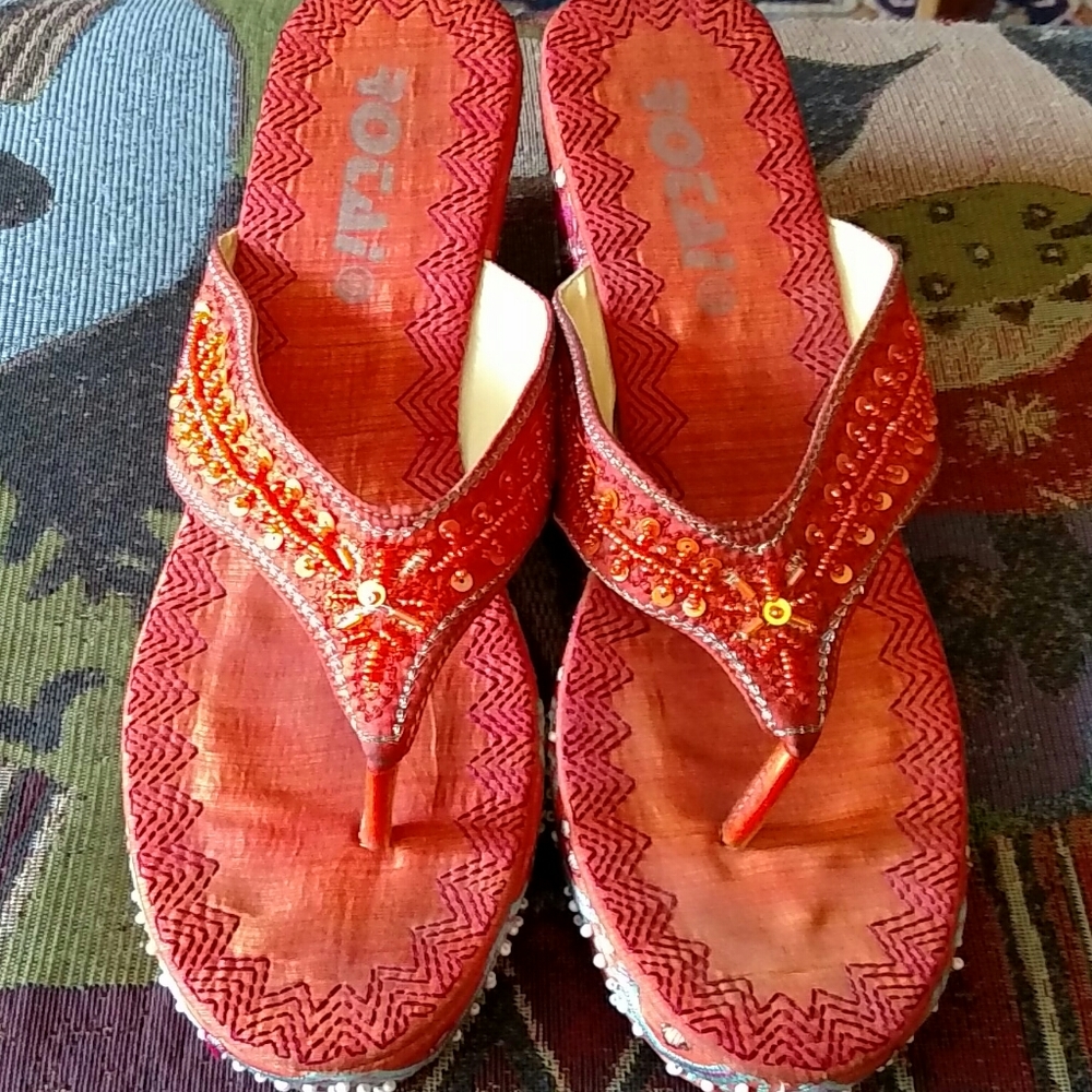 Orange Embroidered Silk Wedge Sandals 40